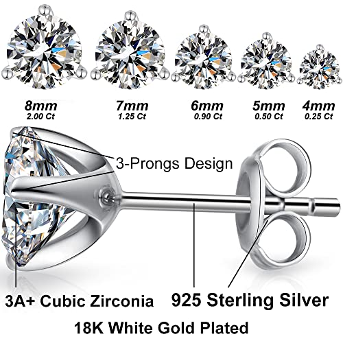 Jiamiaoi 18K White Gold Plated Stud Earrings 925 Sterling Silver Round and Square Cut Princess Cut 5A+ Cubic Zirconia Stud Earrings 4mm to 8mm Fashion Jewelry for Men Women - color: C-White-Three Prongs, size: 7mm
