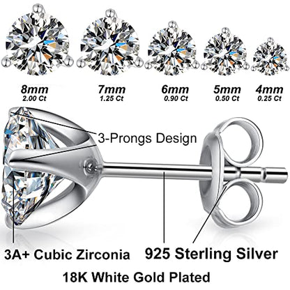 Jiamiaoi 18K White Gold Plated Stud Earrings 925 Sterling Silver Round and Square Cut Princess Cut 5A+ Cubic Zirconia Stud Earrings 4mm to 8mm Fashion Jewelry for Men Women - color: C-White-Three Prongs, size: 7mm