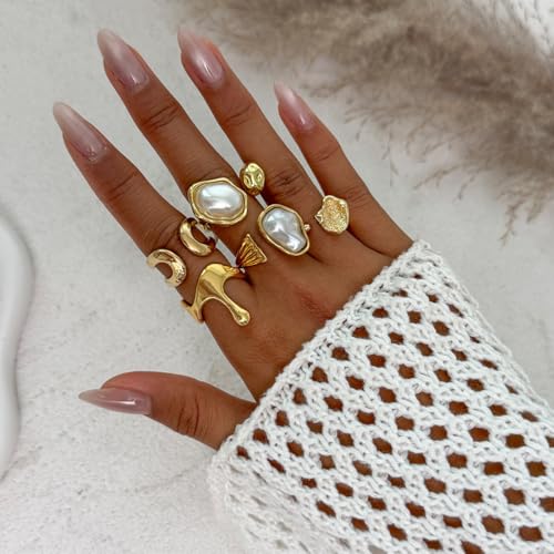 Chunky Gold Rings for Women Gold Baroque Pearl Rings Open Adjustable Pearl Ring Stacking Knuckles Rings Set Boho Prom Costume Fashion Jewelry for Women 2026 - style: Style3