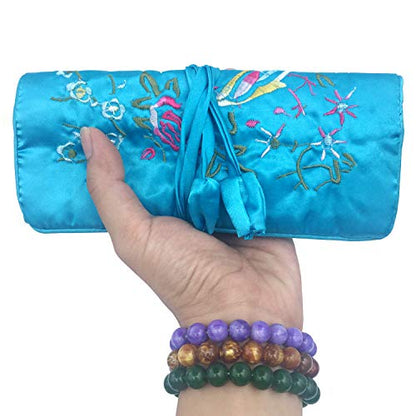 Travel Jewelry Roll Bag - Silk Embroidered Brocade Pouch for Rings, Necklaces, Earrings, Bracelets | Lightweight & Tie Closure (Sky Blue) - color: Sky Blue