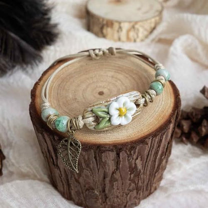 Handcrafted Bohemian Ceramic Flower Bracelet with Leaf Charm, Adjustable Beaded Bracelet for Women, Unique Handmade Jewelry Gift for Nature Lovers - style: Boho