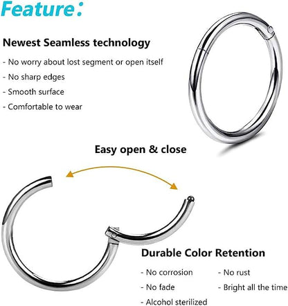 4Pcs 16G 18G 20G Surgical-Steel-Piercing-Ring-Nose-Rings-Hinged-Hoop-Earrings,6mm 8mm 10mm 12mm Seamless Stainless Steel Clicker Eyebrow Septum Piercing Hoop,Sliver Black Gold Rose Gold Rainbow Body Jewelry Set - color: 20G 8mm Silver