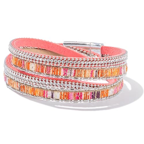 Boho Double Wrap Leather Bracelets Stackable Layered Western Hippie Jewelry | Colorful Stacked Bohemian Statement Chunky Magnetic Clasp Cuff Bangles Cowgirl Country Summer Beach Outfits for Women Trendy - color: Hot Pink
