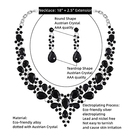 Paxuan Crystal Bridal Wedding Jewelry Sets for Women Rhinestone Teardrop Crystal Statement Choker Necklace Drop Earrings Link Bracelets Rings Teardrop Jewelry Set for Brides Bridesmaids - color: Black