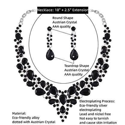 Paxuan Crystal Bridal Wedding Jewelry Sets for Women Rhinestone Teardrop Crystal Statement Choker Necklace Drop Earrings Link Bracelets Rings Teardrop Jewelry Set for Brides Bridesmaids - color: Black