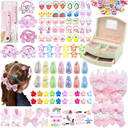 252Pcs Girls Hair Accessory Back to School Gift with L-Green Jewelry Box | Hair Stuff Including Light Green Jewelry Box for Neat Storage Clips Ties Bows for Little One Teen Age 3-12 Birthday Gift - color: LIGHT GREEN