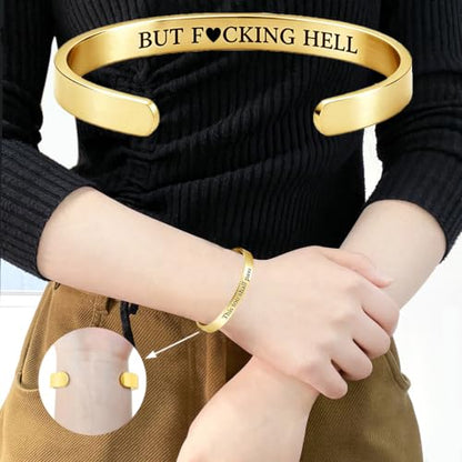 This Too Shall Pass But F*cking Hell Mantra Cuff Bracelets, Stainless Steel Inspirational Cuff Bracelets with Hidden Message Engraved Bracelet Open Adjustable Self-Reminder Bangle Motivational Jewelry for Women - color: Gold