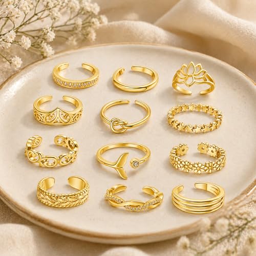 12PCS Toe Rings for Women 14K Gold/Silver Plated Adjustable Toe Ring Set Open Heart Arrow Infinity Rings Beach Foot Jewelry for Summer - color: Gold3