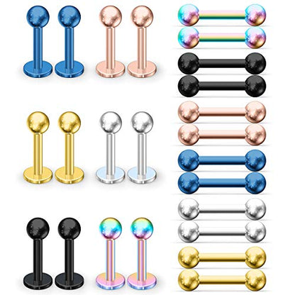 12-24PCS 16G Eyebrow Ear Helix Tragus Cartilage Earring Lip Rings Barbell Body Piercing Jewelry 6mm 8mm 10mm 12mm - style: 24PCS - 6mm Straight & Lip Barbell