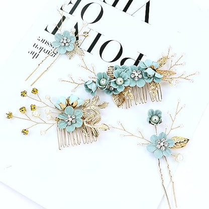 Cinaci 18 Pieces Bridal Wedding Party Prom Pearl Rhinestone Light Green Flower Hair Side Combs Slides+U-shaped Flower Hair Pins+Twist Spiral Hairpins Floral Headpieces for Brides Bridesmaids Women Gir - color: Light Green