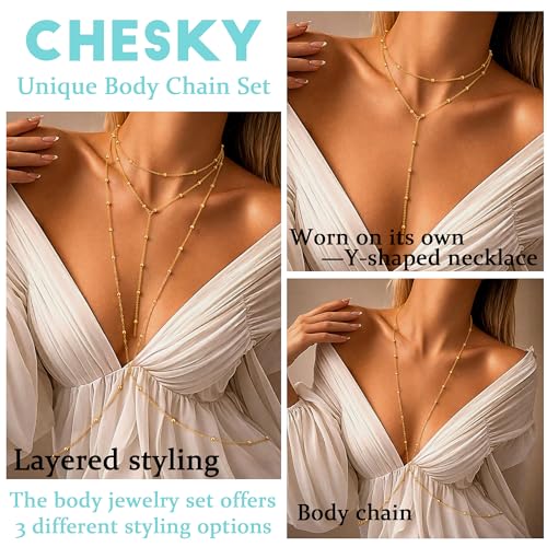 CHESKY 14K Gold Plated Body Chain Set for Women, Belly Waist Jewelry | Layered Body Chain Set, Belly Waist Chain, Crossover Bikini Bra Chain, Long Necklace Jewelry, Summer Beach Accessories