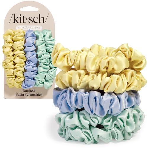 Kitsch Rosette Ruched Satin Scrunchies for Women - Multi-color, 5pcs | Wake Up Frizz-Free, No Crease Hair Ties, Softer Than Silk Scrunchies, Stylish Hair Accessories, For All Hair Types - color: Pastel Yellow/Blue/Green