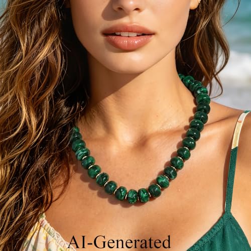 Beaded Necklaces for Women - Colorful Acrylic Beaded Chunky Necklace | Adjustable Statement Necklace, Puffy Heart Pendant, Boho Choker Necklace, Waterproof Summer Beach Jewelry, Gifts for Vacation - color: Dark Green