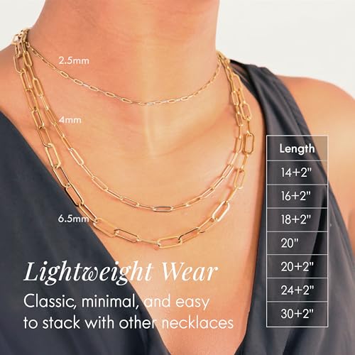 DESTIN Jewelry 18K Gold Plated Paperclip Chain Necklace, 2.5-6.5mm | Waterproof, hypoallergenic and tarnish-resistant adjustable stainless steel layering chain for women. - color: 18K Yellow Gold Plated Stainless Steel, size: 18" + 2", style: 2.5 MM