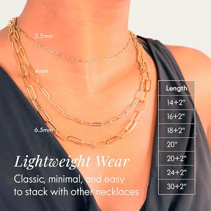 DESTIN Jewelry 18K Gold Plated Paperclip Chain Necklace, 2.5-6.5mm | Waterproof, hypoallergenic and tarnish-resistant adjustable stainless steel layering chain for women. - color: 18K Yellow Gold Plated Stainless Steel, size: 18" + 2", style: 2.5 MM