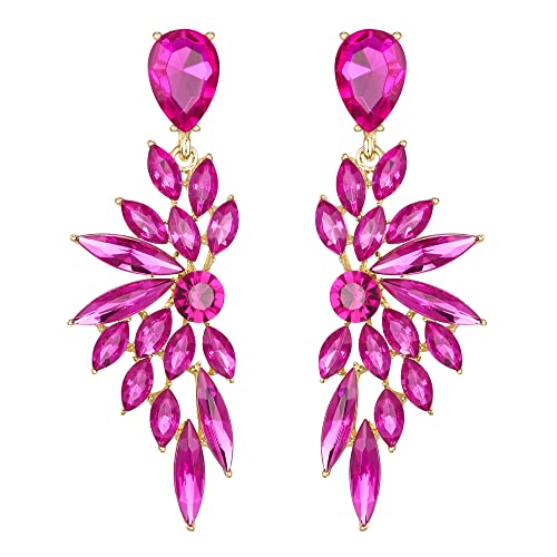 Women's Wedding Bridal Earrings Prom Dangle Earring | Shiny Crystal Teardrop Multi Marquise Cluster for Bride Bridesmaid Bling Jewelry Costume Party Accessories - color: 05-Fuchsia