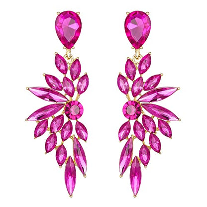 Women's Wedding Bridal Earrings Prom Dangle Earring | Shiny Crystal Teardrop Multi Marquise Cluster for Bride Bridesmaid Bling Jewelry Costume Party Accessories - color: 05-Fuchsia