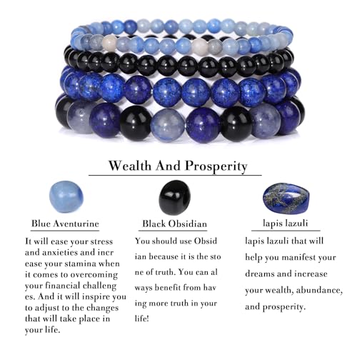 Vinswet 4pcs Beaded Bracelets for Women,Natural Healing Crystal Gemstones Bracelet,Anxiety Stress Relief Bracelet Handmade purple Jewelry Gifts for Women - color: Blue Aventurine&Black Obsidian&lapis lazuli