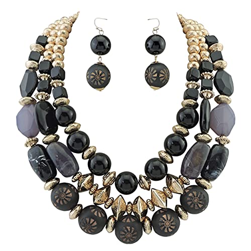 Bocar 3 Layer Chunky Statement Beaded Necklace and Earrings Set, Fashion Multi Layer Women Collar Necklace Jewelry Set - color: Black