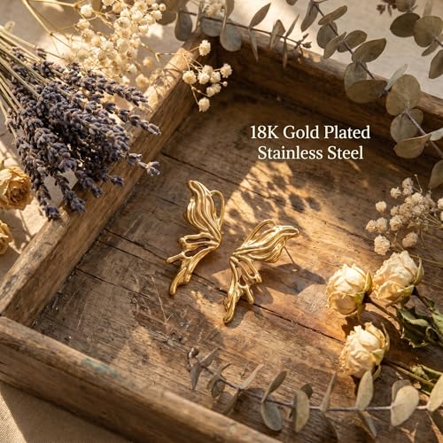 Chunky Gold Plated Flower Statement Drop Earrings for Women | Hypoallergenic 18K Gold Plated Textured Petal Wing, Large Statement Dangle Earrings for Wedding Party - color: Golden Butterfly-1