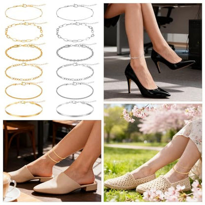 Gold Silver Ankle Bracelets for Women 12 Pcs Cuban Anklet Link Chain Set Multi-layered Wear Boho Bracelet Set Summer Beach Jewelry Accessories
