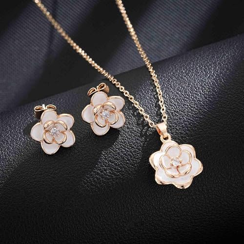 EVEVIC Dainty Flower Pendant Necklace Earrings for Women 14K Gold Plated Hypoallergenic Jewelry Sets - color: White /Rose Gold-tone