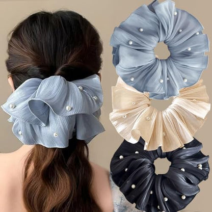 3Pcs Flowing Satin Scrunchies for Women Big Scrunchie with Pearl Pleated Satin Scrunchie Elastic Hair Ties White Black Blue Cute Scrunchy Ponytail Holders Large Scrunchies Womens Hair Accessories