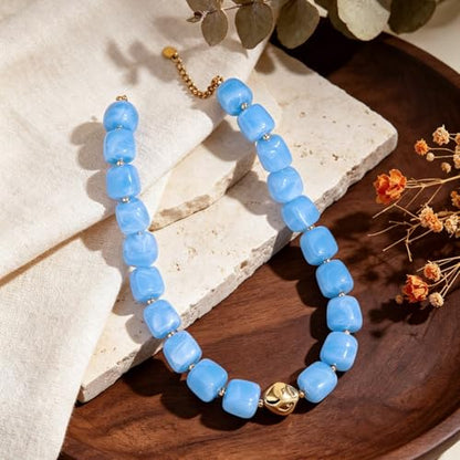 Beaded Necklaces for Women Boho Chunky Necklace Statement Big Resin Bead Choker Fashion Summer Beach Jewelry - color: Sky Blue
