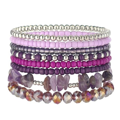 Noessla Boho Beaded Bracelets for Women Stackable Irregular Natural Stone Bead Stretch Bracelet Set 8PCS Costume Jewelry Gifts for Her - color: Purple