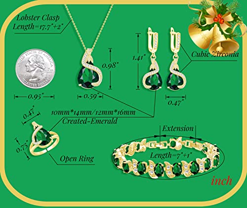 GZWHD Jewelry Set for Women Water Drop Cubic Zirconia Artificial Crystal Earrings Pendant Necklace Open Ring Tennis Bracelet Wedding Anniversary Birthday Engagement Gift for Bridesmaid Wife Girlfriend Friend - color: Gold-Green