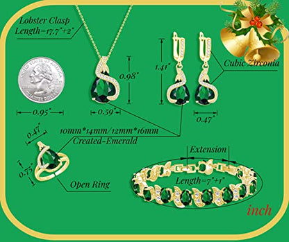 GZWHD Jewelry Set for Women Water Drop Cubic Zirconia Artificial Crystal Earrings Pendant Necklace Open Ring Tennis Bracelet Wedding Anniversary Birthday Engagement Gift for Bridesmaid Wife Girlfriend Friend - color: Gold-Green