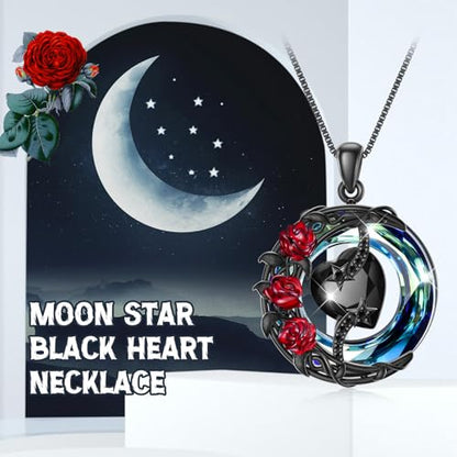 TOUPOP Birthstone Necklace Women Sterling Silver Moon Star Birthday Jewelry | Celtic Moon Pendant with Blue Crystal Anniversary Christmas Jewelry Gifts for Wife Mom Her - color: C-Black Crystal-Red Rose