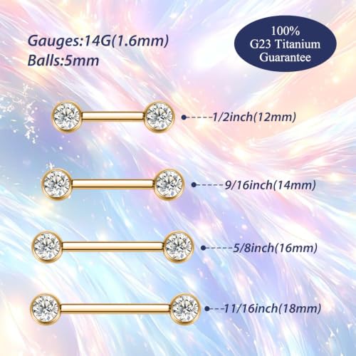 FUNLMO 2pcs Nipple Piercing Jewelry Titanium Nipple Rings Internally Threaded Tongue Rings Bridge Piercing Jewelry Nipple Barbells 14G 12-20mm - color: Gold,Clear CZ