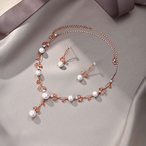 EVER FAITH Cubic Zirconia Pearl Leaf Vine Wedding Jewelry Set for Bride | Crystal Filigree Bridal Necklace Earrings, for Women Bridesmaid - color: 2pcs_Champagne Rose Gold-Plated-Brass