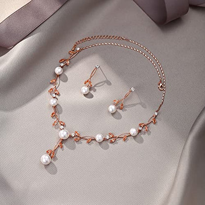 EVER FAITH Cubic Zirconia Pearl Leaf Vine Wedding Jewelry Set for Bride | Crystal Filigree Bridal Necklace Earrings, for Women Bridesmaid - color: 2pcs_Champagne Rose Gold-Plated-Brass