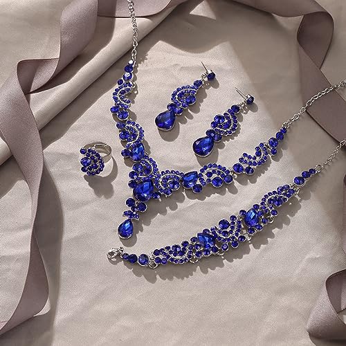 EVER FAITH Rhinestone Crystal Bridal Floral Wave Teardrop Necklace Earrings Set - color: 4pcs_Royal Blue