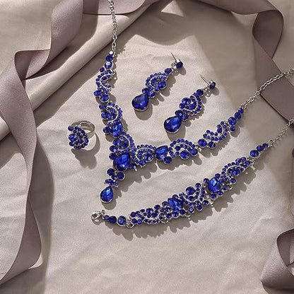 EVER FAITH Rhinestone Crystal Bridal Floral Wave Teardrop Necklace Earrings Set - color: 4pcs_Royal Blue