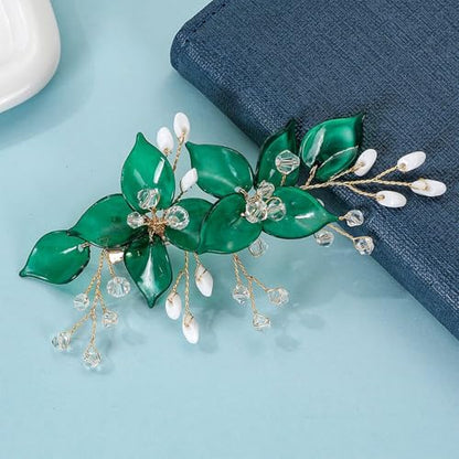 Wedding Hair Clips, Crystal Hair Pins Pearl Rhinestone Hair Barrettes, Bridal Flower Hair Pieces Pearl Headpieces Hair Accessories for Women Girls (Green) - color: Green