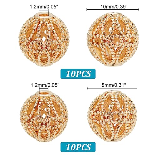 PH PandaHall 20pcs Golden Round Beads, 14K Gold Plated Brass Hollow Filigree Metal Spacer Beads 8mm 10mm for Earrings Bracelet Pendant Waist Chain Necklaces DIY Crafts - size: 8mm/10mm