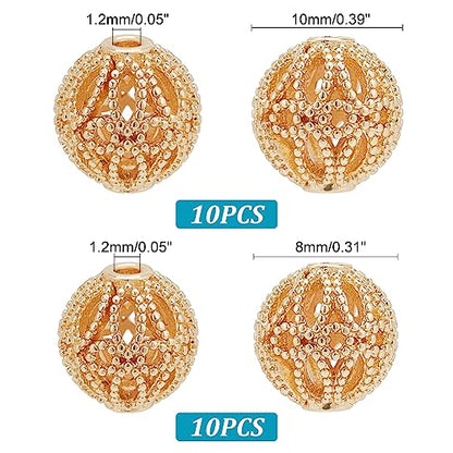 PH PandaHall 20pcs Golden Round Beads, 14K Gold Plated Brass Hollow Filigree Metal Spacer Beads 8mm 10mm for Earrings Bracelet Pendant Waist Chain Necklaces DIY Crafts - size: 8mm/10mm