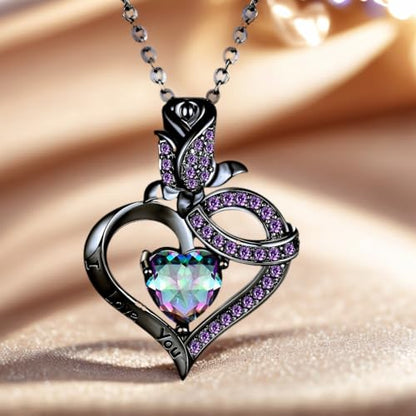 VOLUKA Created Opal/Amethyst/Mystic Topaz Pendant Necklace for Women,18K White/Rose Gold Plated Chain Wedding Engagement Jewelry Gift - color: N-Black Heart Jewelry Set