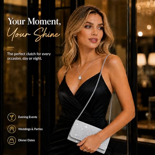 5 Pcs Rhinestone Jewelry Set for Women, Bling Crystal Clutch Purse Necklace Bracelet Earrings & Ring, Elegant Bridal Wedding Accessory Set for Bridesmaids Prom Evening Party
