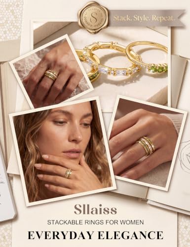 Sllaiss Stackable Gold Rings for Women Non-Tarnish 14K Gold Plated Ring Set | Non Tarnish, Dainty Stacking Ring Set, Ring Stack, Cubic Zirconia Thumb Rings, Promise Wedding Bands, Stackable Rings - color: 14K Gold Olive Green CZ