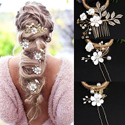 5 Pieces Bridal Flower Wedding Hair Pins Crystal Pearl Hair Pins Clips Headpiece Gold Wedding Hair Accessories Jewelry with Rhinestone for Brides Bridesmaids Women Girls Updo(Pure White Flower) - color: Exquisite Flower Leaves&Pure White Flower