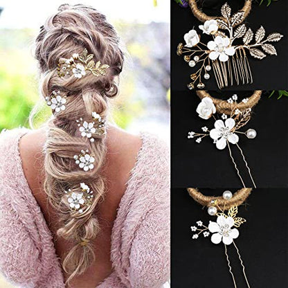 5 Pieces Bridal Flower Wedding Hair Pins Crystal Pearl Hair Pins Clips Headpiece Gold Wedding Hair Accessories Jewelry with Rhinestone for Brides Bridesmaids Women Girls Updo(Pure White Flower) - color: Exquisite Flower Leaves&Pure White Flower