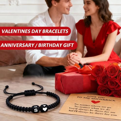 Valentines Day Gifts for Him Her Heart Love Letter Initial Matching Couple Bracelets for Women Men Teen Gifts Best Friend Graduation Birthday Gifts A-Z Braided Bracelet Son Daughter Dad Jewelry - color: Black-S