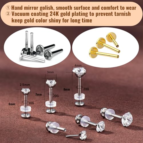 20G Flat Back Earrings Studs 18G Nose Rings 24K Gold Plating 3 Pairs Titanium Threadless 16G Cartilage Earrings for Women Men Tragus Conch Helix Medusa Lip Piercing Jewelry - color: polish clear cz, size: 20G