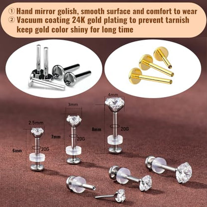 20G Flat Back Earrings Studs 18G Nose Rings 24K Gold Plating 3 Pairs Titanium Threadless 16G Cartilage Earrings for Women Men Tragus Conch Helix Medusa Lip Piercing Jewelry - color: polish clear cz, size: 20G