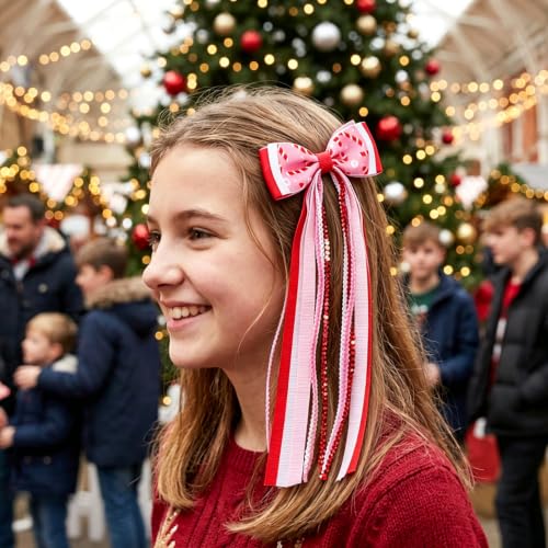 2PCS Christmas Long Streamer Hair Bow Clips, 3.54 Inch Grosgrain Ribbon Bow | Red and White Sequin, Candy Cane Pattern, Lined Alligator Clips XMAS Hair Accessories for Ponytail Styling - color: Red Candy Cane