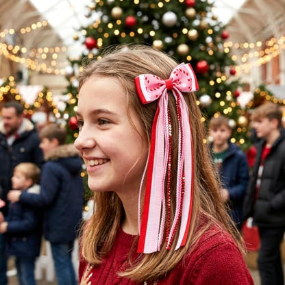 2PCS Christmas Long Streamer Hair Bow Clips, 3.54 Inch Grosgrain Ribbon Bow | Red and White Sequin, Candy Cane Pattern, Lined Alligator Clips XMAS Hair Accessories for Ponytail Styling - color: Red Candy Cane